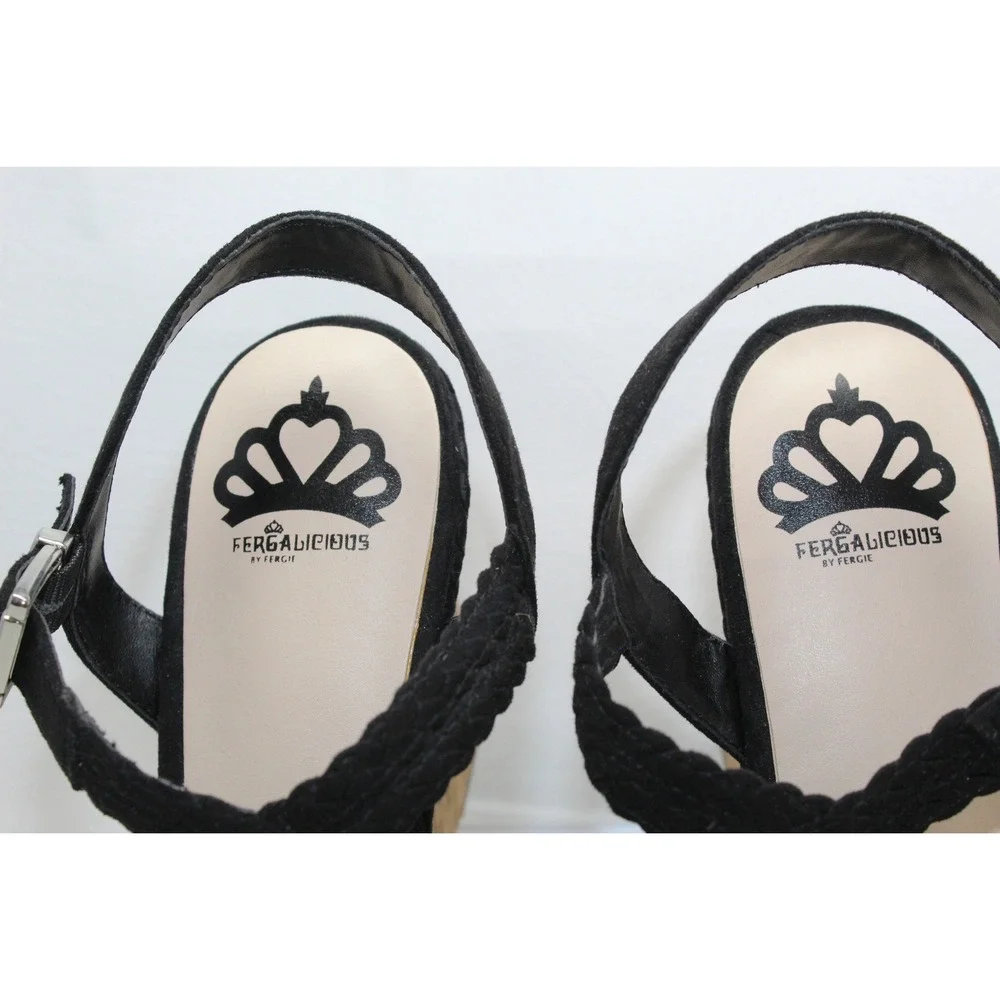 Fergalicious‎ Voyager Black Braided Cork Wedge Sandals Womens 9M Platform Strap
